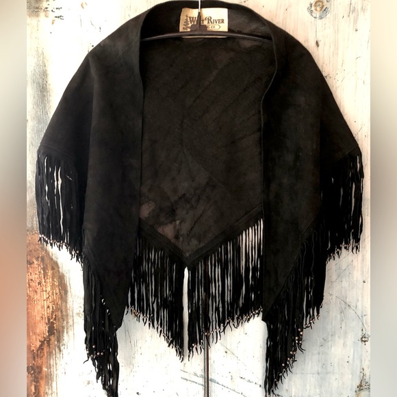 West River Trading Co. Accessories - Black suede fringed wrap with silver beads made in the USA; dress it up or down